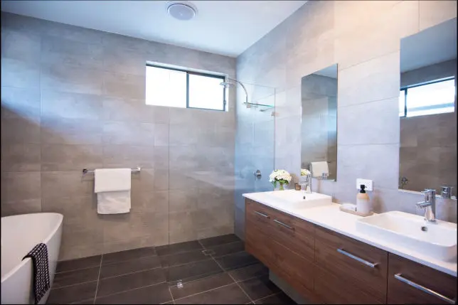 Bathroom with freestanding bath and twin basins: bathroom, freestanding bath, twin basins, bathtub, bathroom fixtures, bathroom renovation